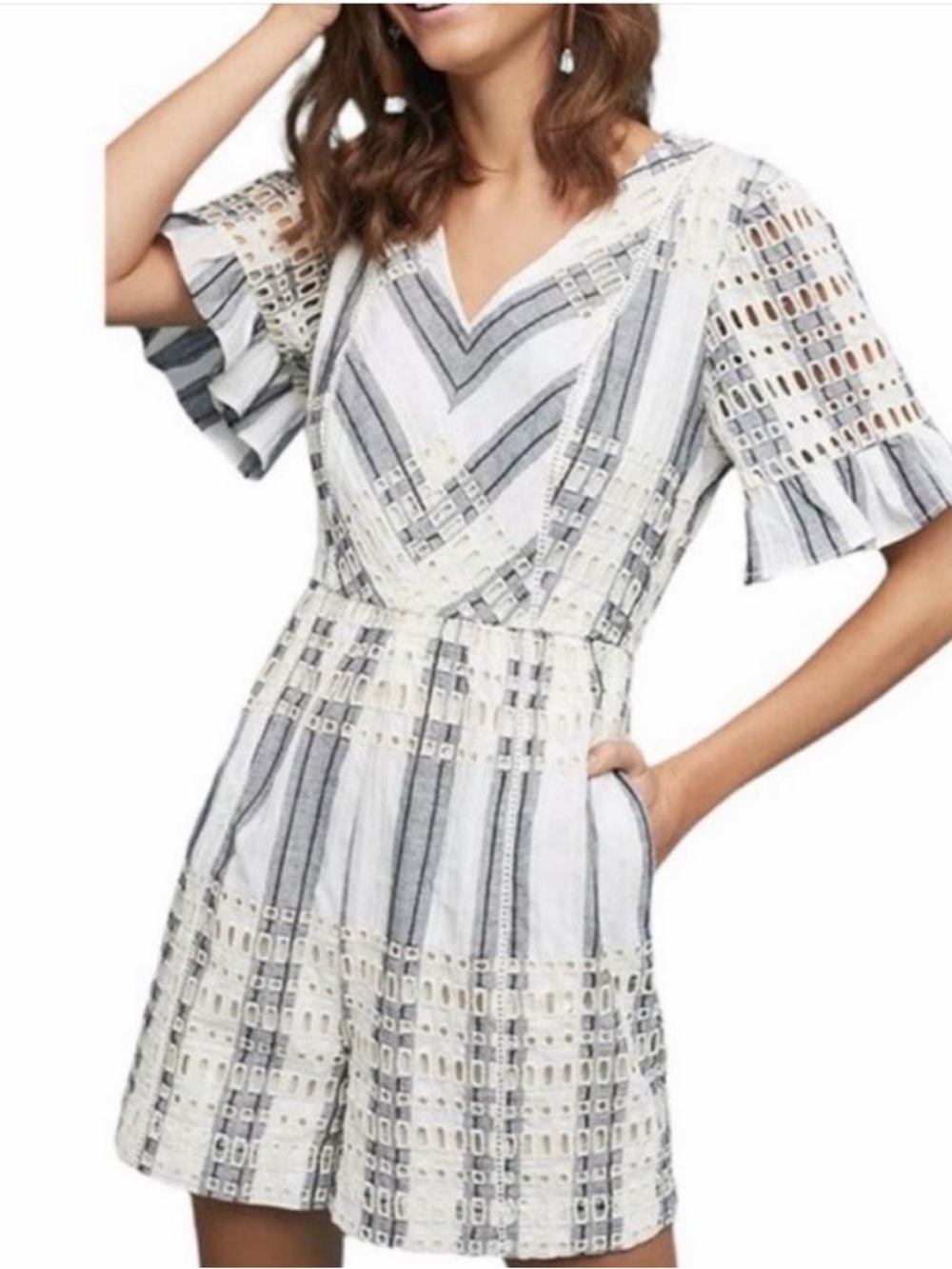 Anthropologie Striped Eyelet V-Neck Mini Dress - White & Gray